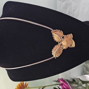 Vintage Autumn Leaf Collar Necklace Brushed Gold Silver Leaves Chunky 1980s A20
